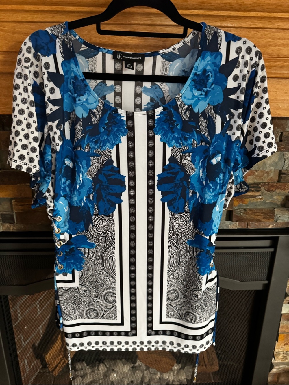INC International Concepts Blue Floral Paisley Print Short Sleeve Tunic